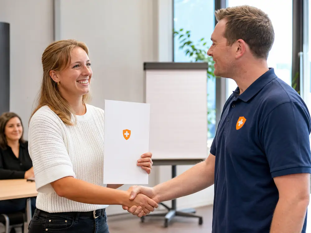 Cursist ontvangt na de BHV-training haar certificaat van de instructeur