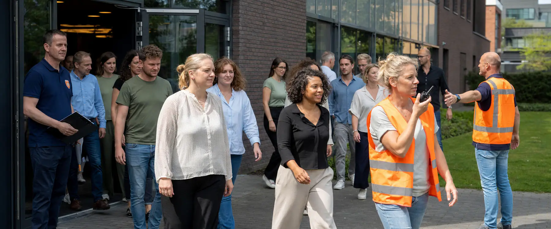 Ontruimingsoefening bij een kantoor: BHV'ers in oranje hesjes begeleiden collega's naar de verzamelplaats