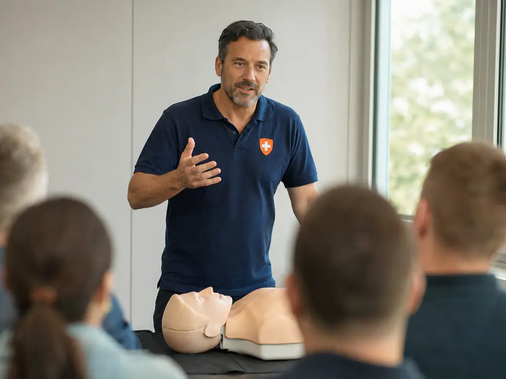 Instructeur van BedrijfsBHV geeft uitleg aan een groep cursisten