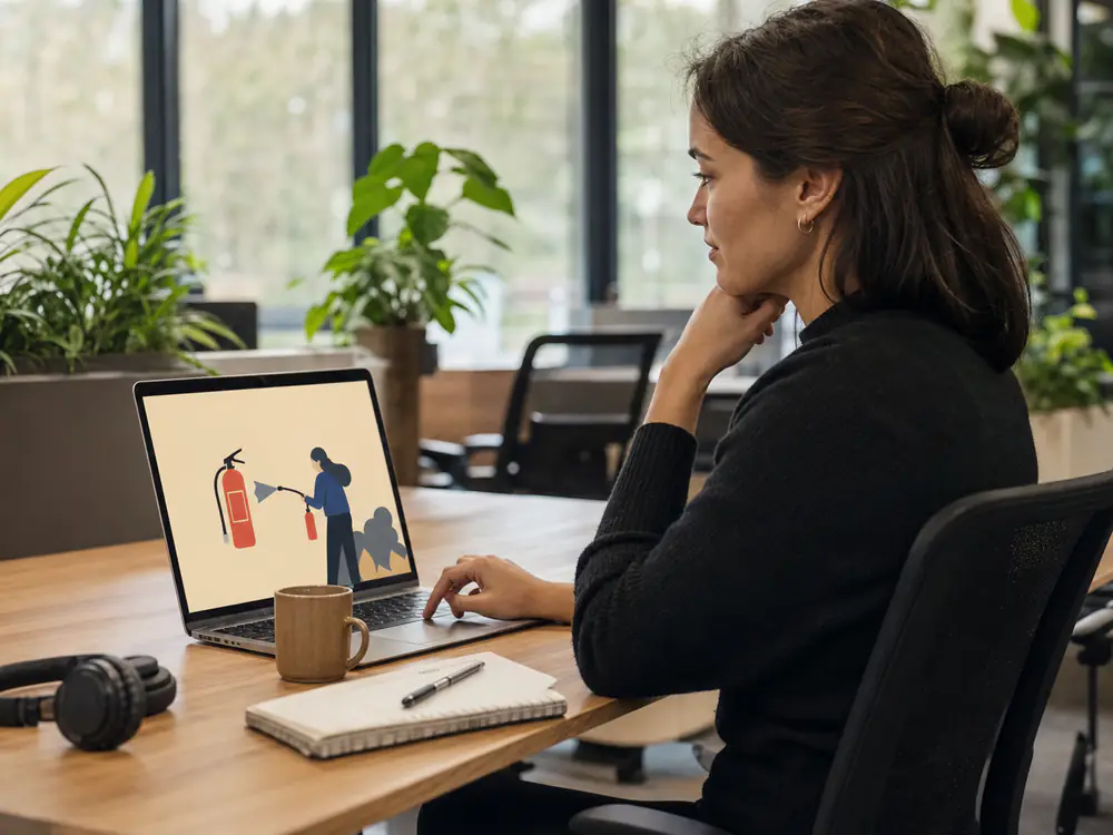 Medewerker volgt de e-learning van de BHV-basistraining aan haar bureau