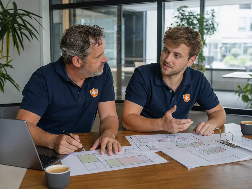 Facilitair manager en instructeur bespreken plattegronden voor de BHV-organisatie