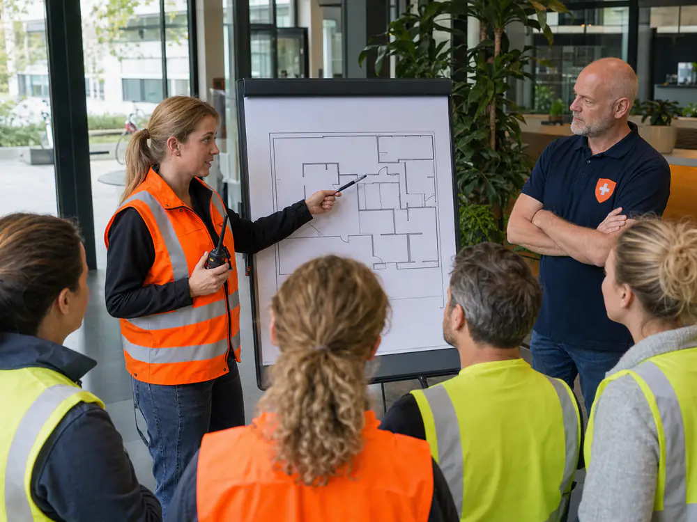 Ploegleider in oranje hesje geeft BHV'ers instructies met de portofoon tijdens een oefening